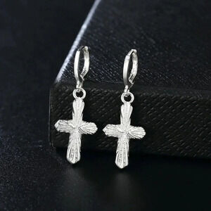 925 Sterling Silver Cross Hoop Drop Earrings